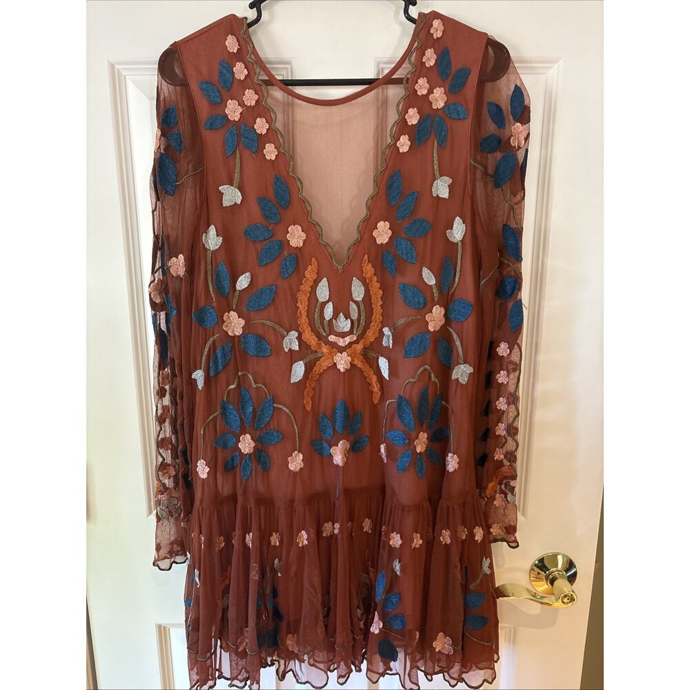 Free People Hearts Are Wild Embroidered Tulle Dress Lined Rust Folklore XS EUC